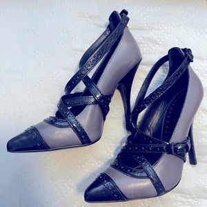 Tory Burch pumps, size 7&1/2, grey (lavender) & black buckle straps, 4&1/2” heel